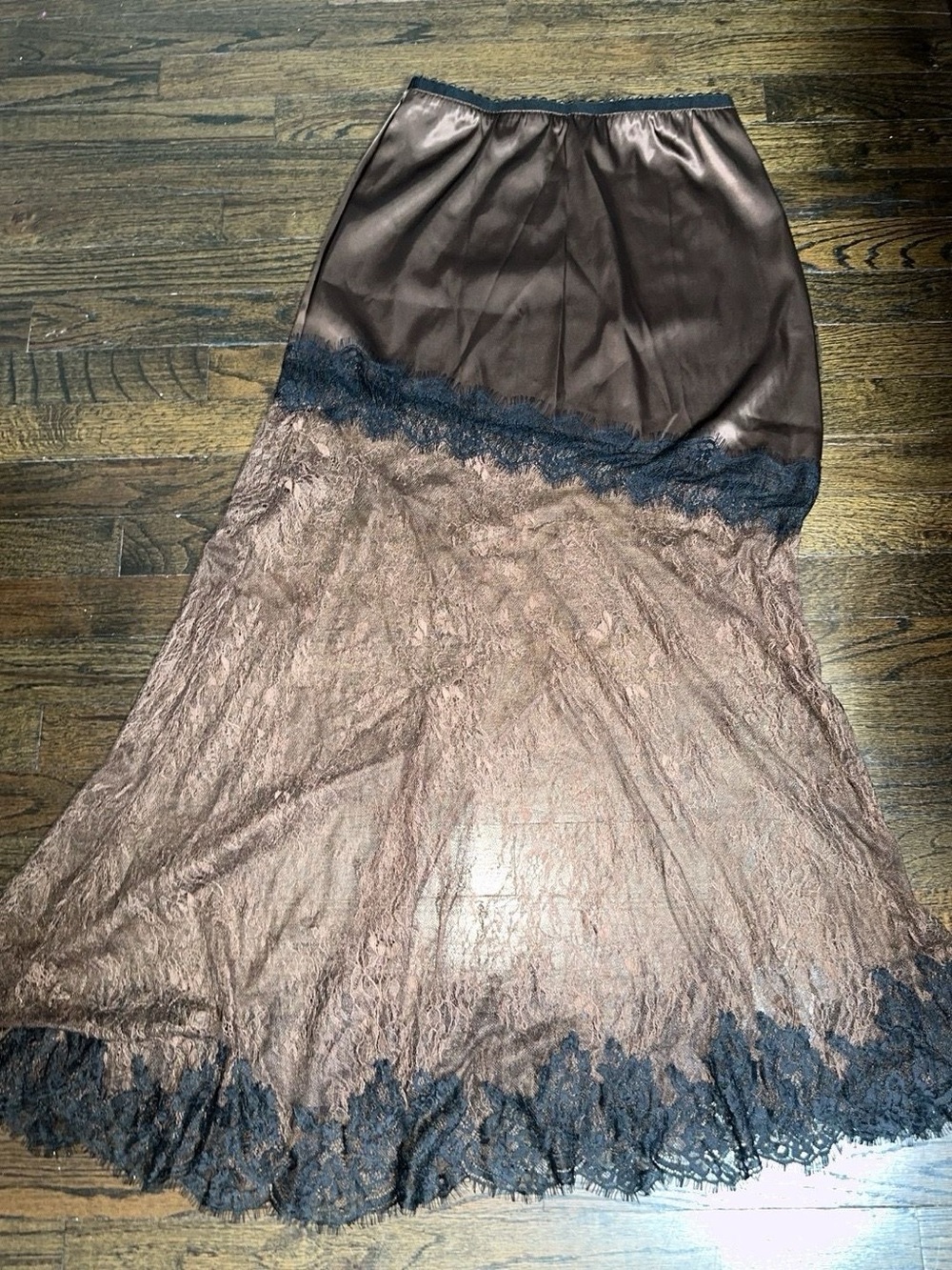 Brown Lace-Trim Satin Maxi Skirt - Unbranded